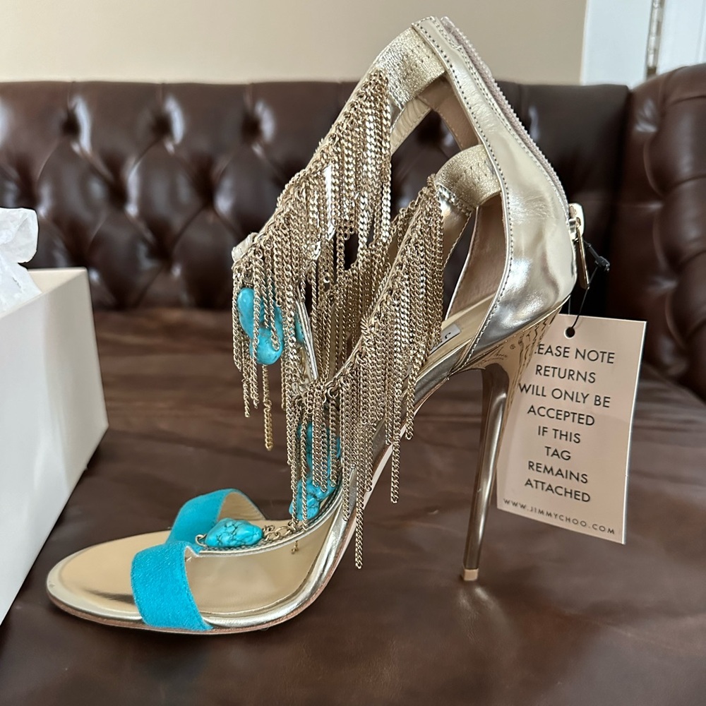 Jimmy Choo Turquoise and Gold 123 Belle never worn, still in box, size 39, 9 US